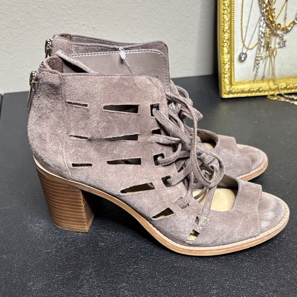 Vince Camuto Suede Tan Cutout Elegant Taupe Suede Heeled Sandals